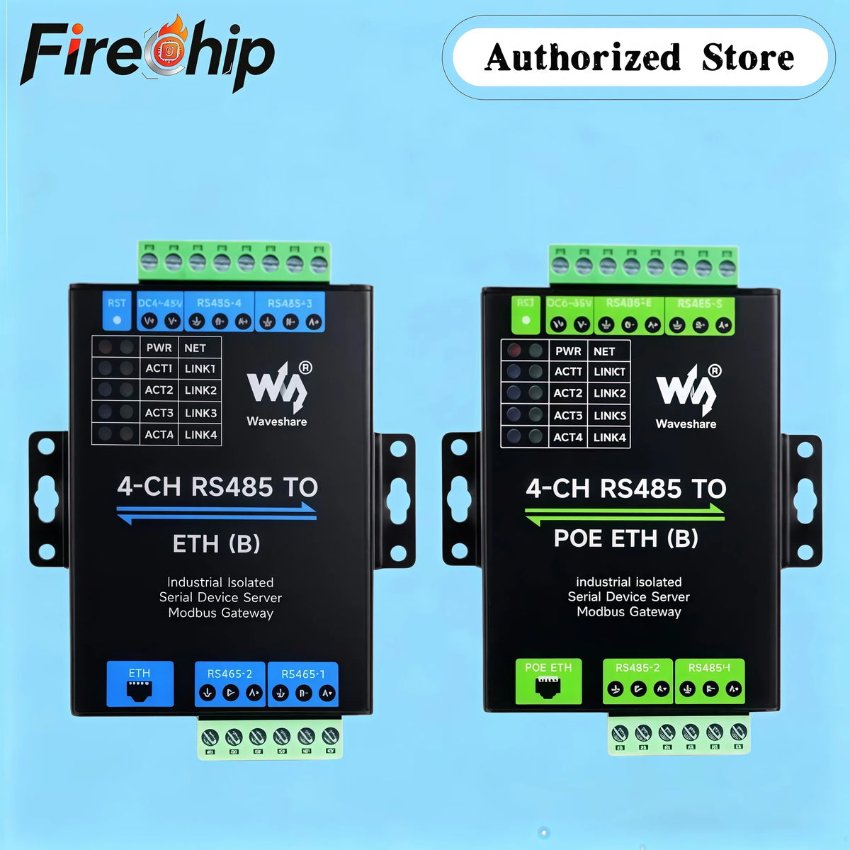 Waveshare 4 Channels RS485 Independent Operation, 4-Ch RS485 To RJ45 Ethernet Serial Server Optional PoE Function