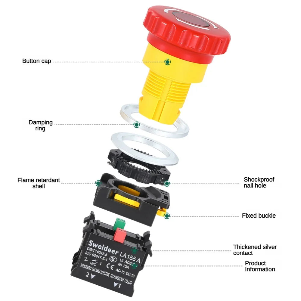 30mm Emergency Stop Button Switch with Light Mushroom Emergency Stop Power Switch Control Electrical Starter Switch 220V 10A NC