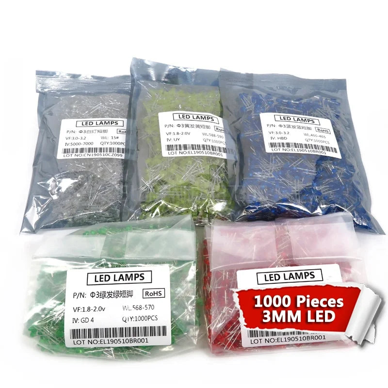 SAMIROB 1000pcs blue green red yellow white 3mm led light-emitting diodes Diffused