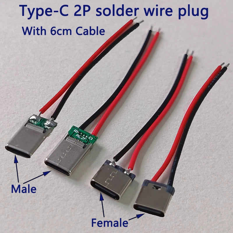 2/5/10/20pcs 2Pin Type‑C/Micro USB Male Female Connector With 6cm Pre‑soldered Wires 5V Charging Jack for DIY Projects Repair