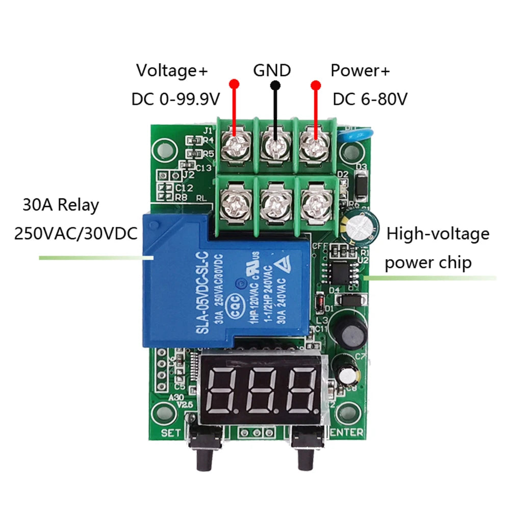 Relay Switch Controller DC 6~80V Voltage Detection Charging Discharge Monitor with Case Digital display DC voltage detection