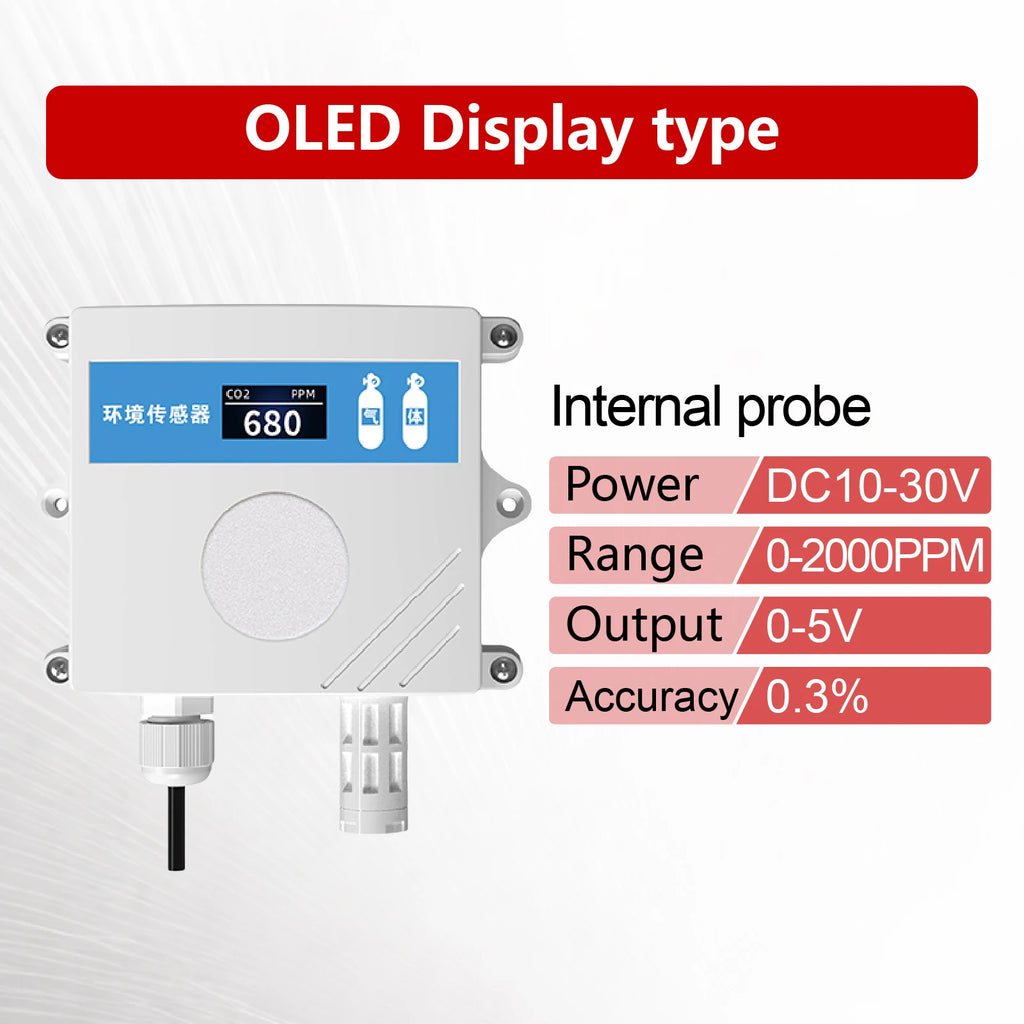 QT-10 CO2 Transmitter NDIR Carbon Dioxide Sensor RS485 4-20mA 0-5V 0-10V 10-30VDC IP65 for Greenhouse HVAC Factory