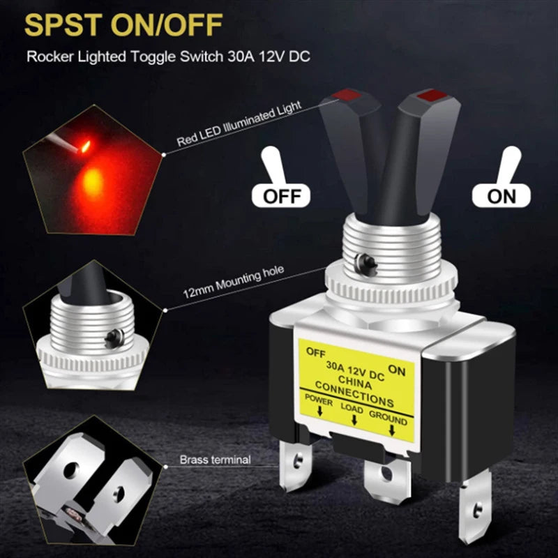 1PCS 30A 12V LED Toggle Switch Lighted Toggle Rocker Switch SPST ON Off 2 Position 3Pin For Automotive Car Aircraft