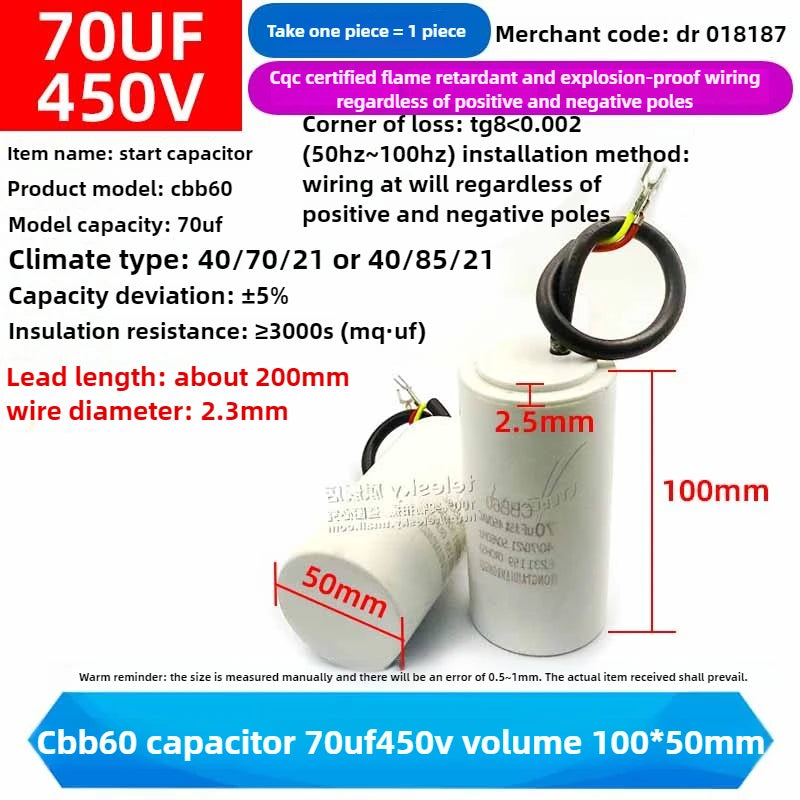 CBB60 Capacitor 450V AC Motor Run Capacitors 3/4/5/6/8/10/12/14/15/16/18/20/30/35/40/50/60/70UF for Washing Machine, Water Pump