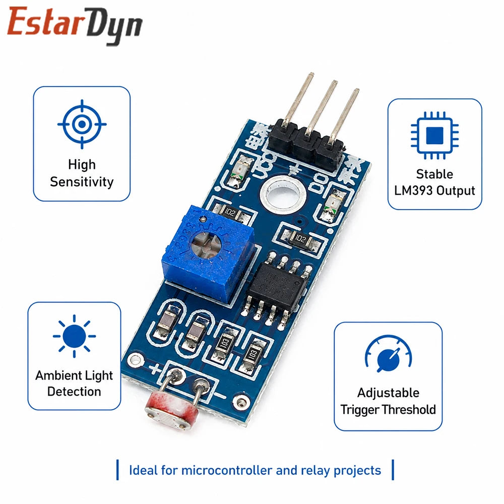 Estardyn 3.3V-5V Photoresistor Light Sensor Module 3Pin LDR Detector for Robot Light Following DIY & Smart Lighting
