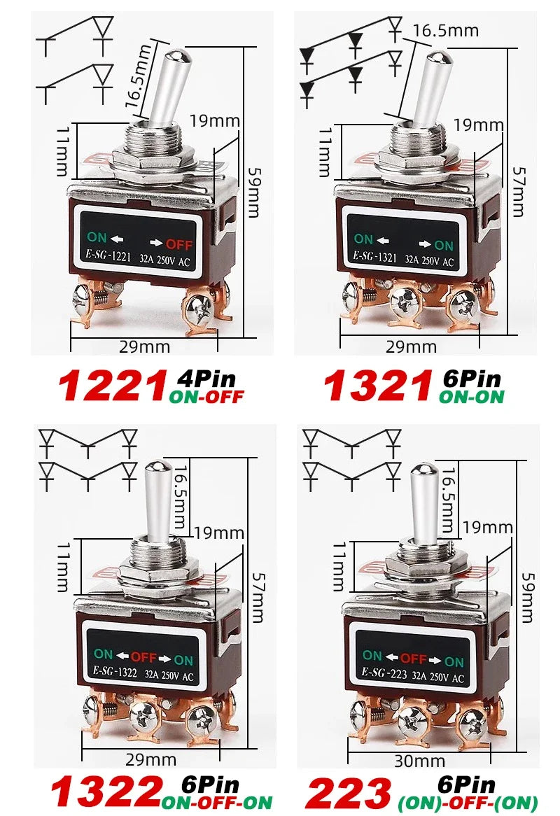 High Current Toggle Switch 2/3/4/6/8/9/12Pin Self Reset/Self-locking Switch Copper Pin 32A 250VAC Push Button Switch