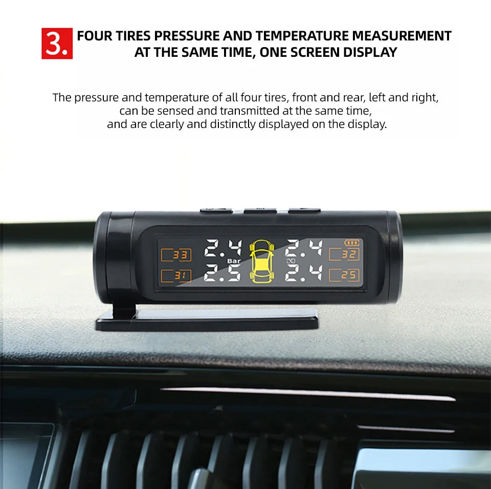 E-ACE 4 Sensors TPMS Removable Battery Wireless Intelligent Sensing Tire Pressure Monitor System Safety Alarm LCD Display