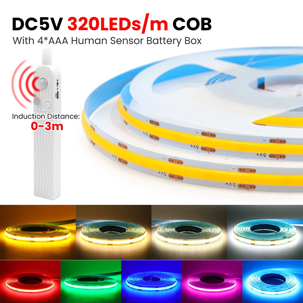 5V Motion Sensor Nigth Light COB Led Strip USB Battery Power 3mm 5mm 8mm PCB 320 LEDs Flex Lamp for Under Cabinet Kitchen Stairs