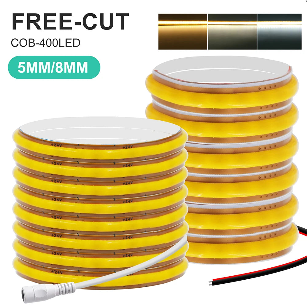 5mm 8mm PCB Free Cut COB LED Strip 12V 24V Tape Light 400 Leds Flexible 3000k 6000k 4000k 0.5m 2m 5m 10m 20m Linear Lighting