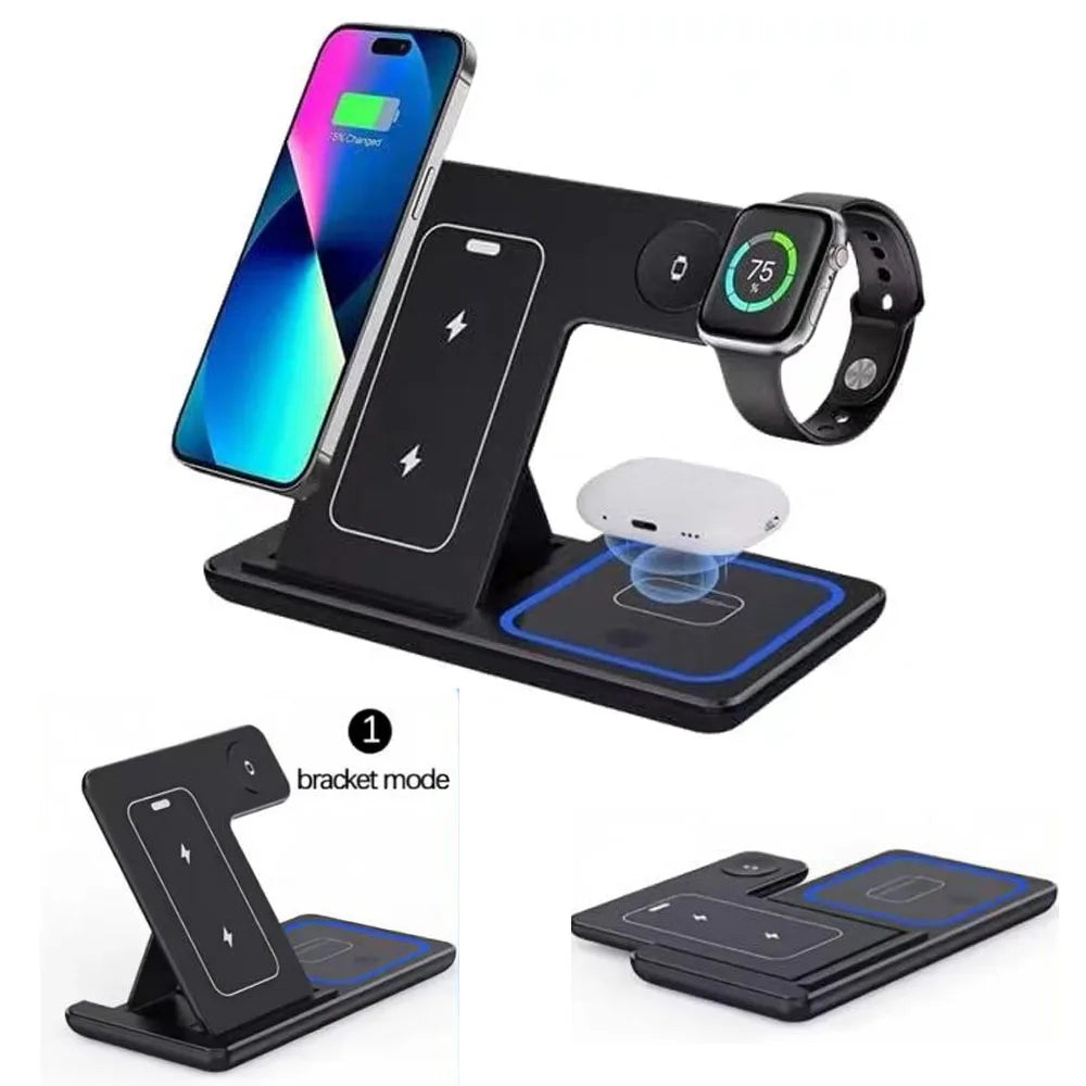 Fast Wireless Charger Charging Station 3-in-1 with Foldable Stand for Samsung iPhone 17 16 15 18 14 13 12 Apple Watch 9 8 7 Airpods, Professional for Xiaomi Huawei Type C Data Cable