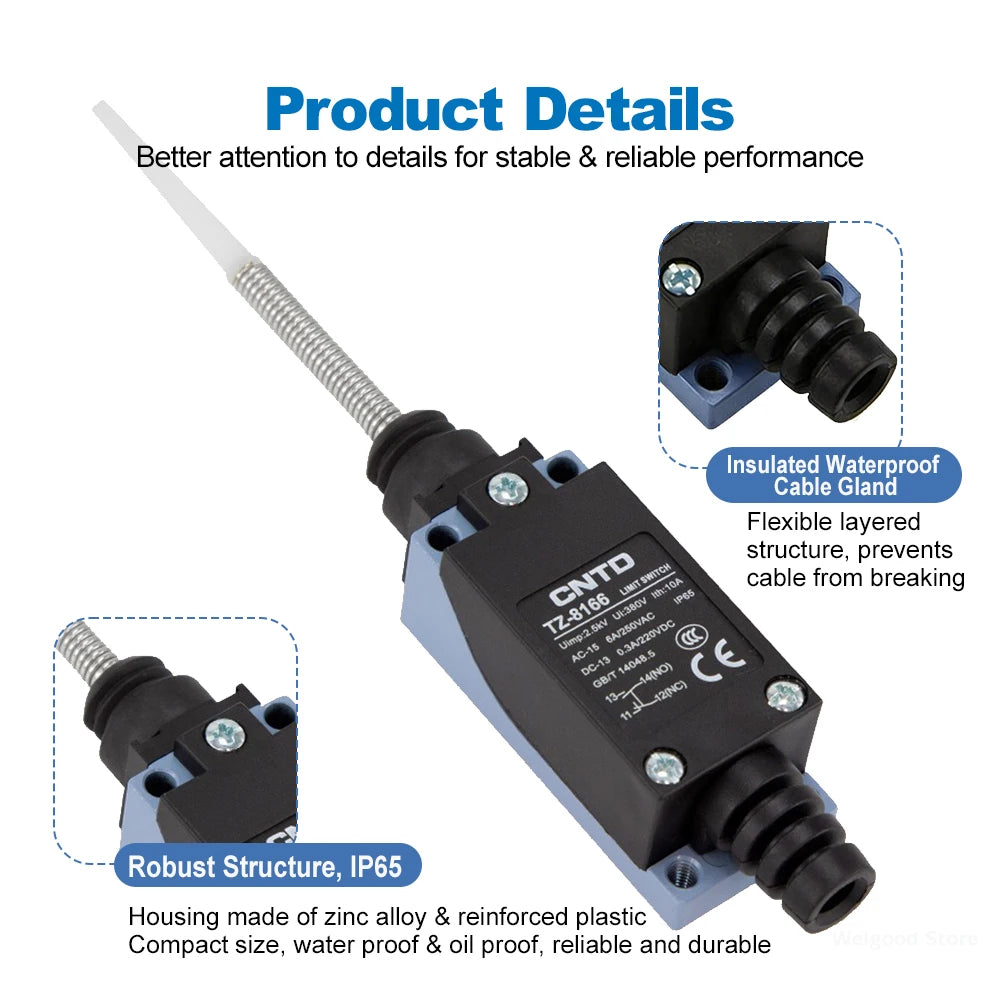 CNTD TZ-8166 Plunger Limit Switch SPDT 250VAC 6A with Coil Spring Rod IP65 Waterproof Industrial Micro Switch CE Certified