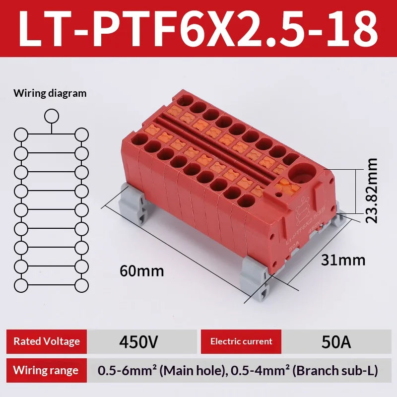 Push-in Terminal Block PTF6X2.5mm One in Multiple Out Splitter Spliceable Wire Connectors DIN Rail Junction Box Electrical Joint