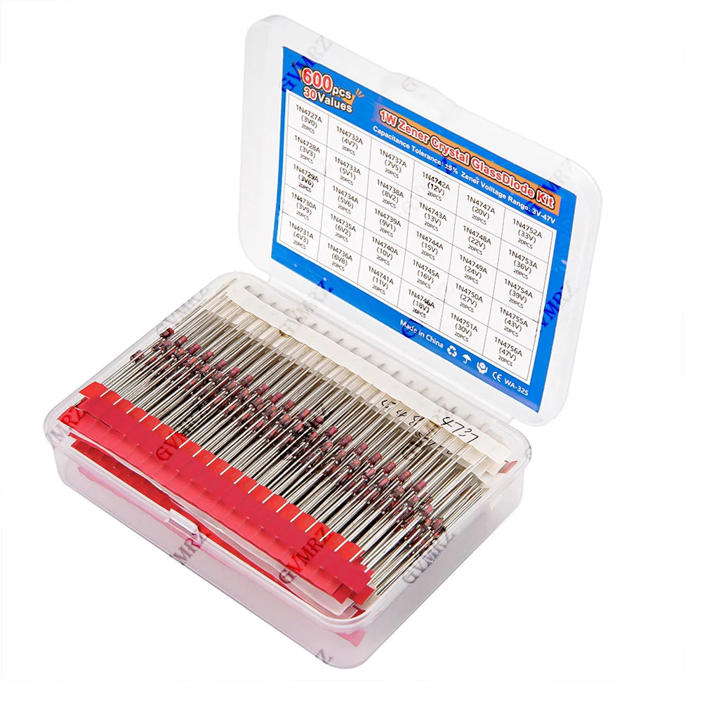 600PCS 30Values 1W Zener Diode Kit 3V-47V Box for Electronics Voltage Regulation Projects 7V5 10V 16V 18V 22V 27V 43V 36V 33V