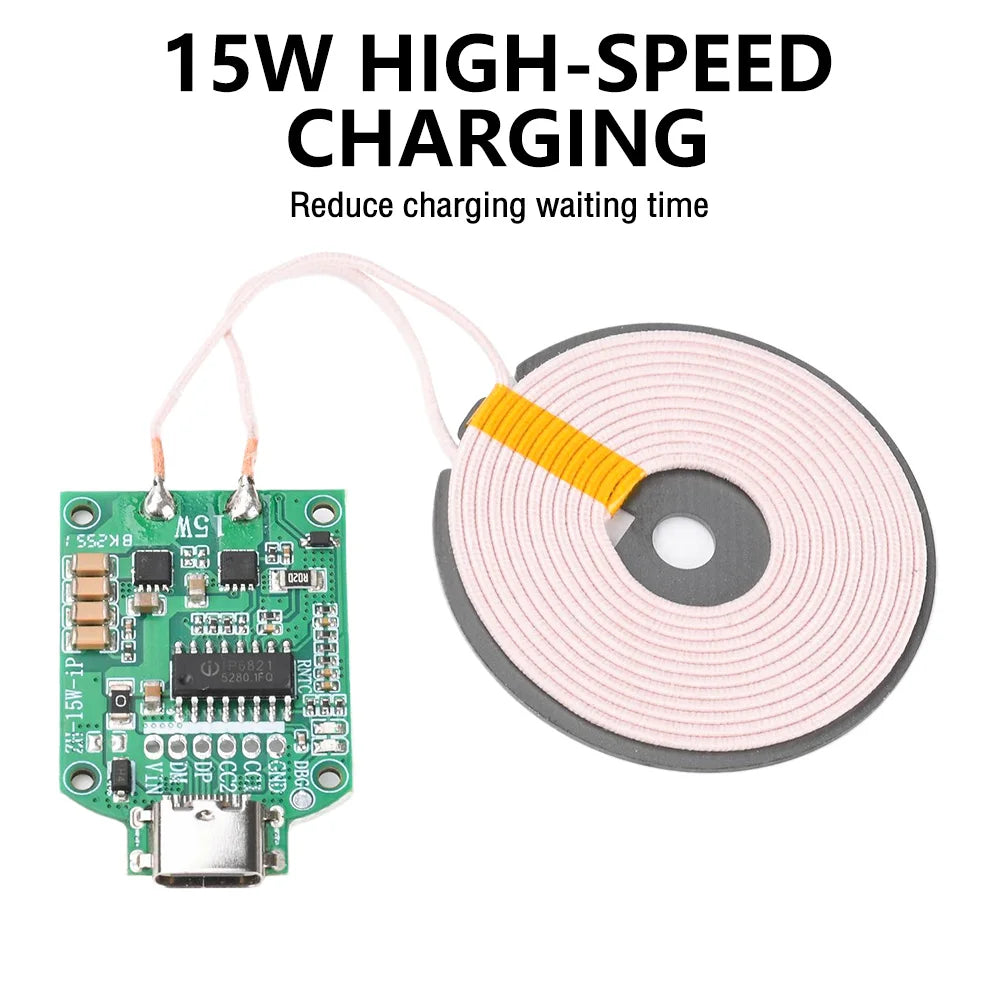 15W High-Power Wireless Charging Transmitter Module, with 5V/9V/12V DC Input, Type-C Port, and Pop-Up Display