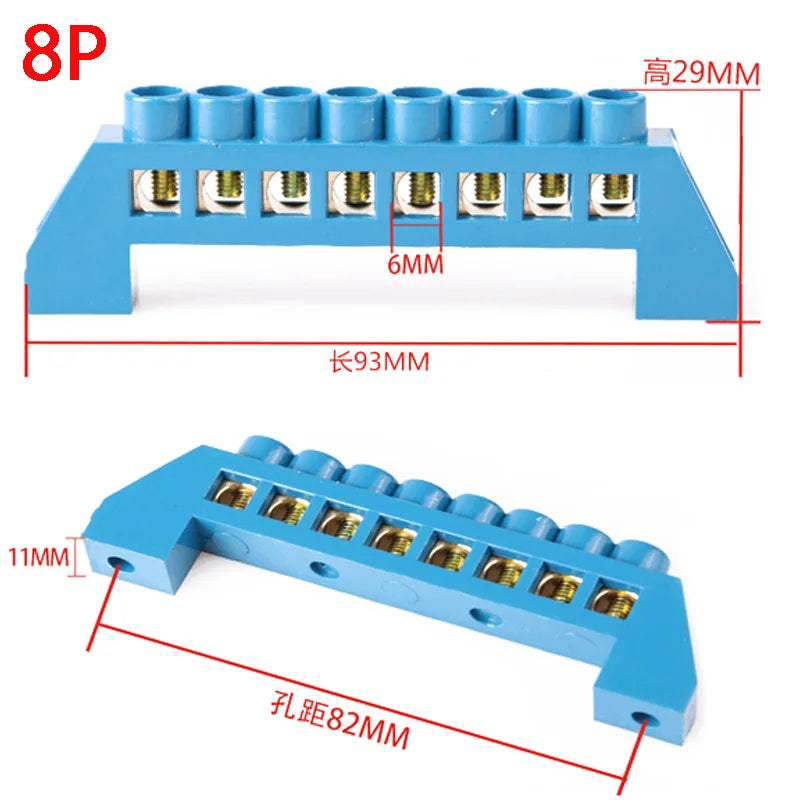 4/6/8/10/12 Positions Terminal Block Connector Strip Brass Ground Neutral Bar Electrical Distribution Wire Screw Terminal Blue