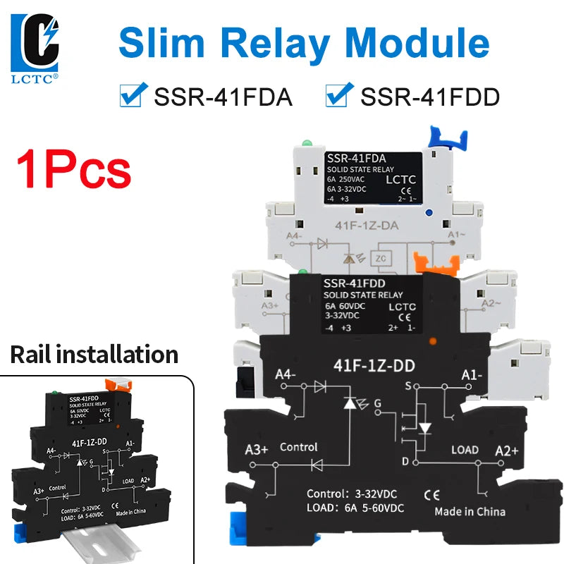 1PCS DIN Rail Mounted Slim Relay SSR Solid State Relay DC Control AC DC Control DC SSR-41FDA/DD 6A 3-32VDC 24-250VAC