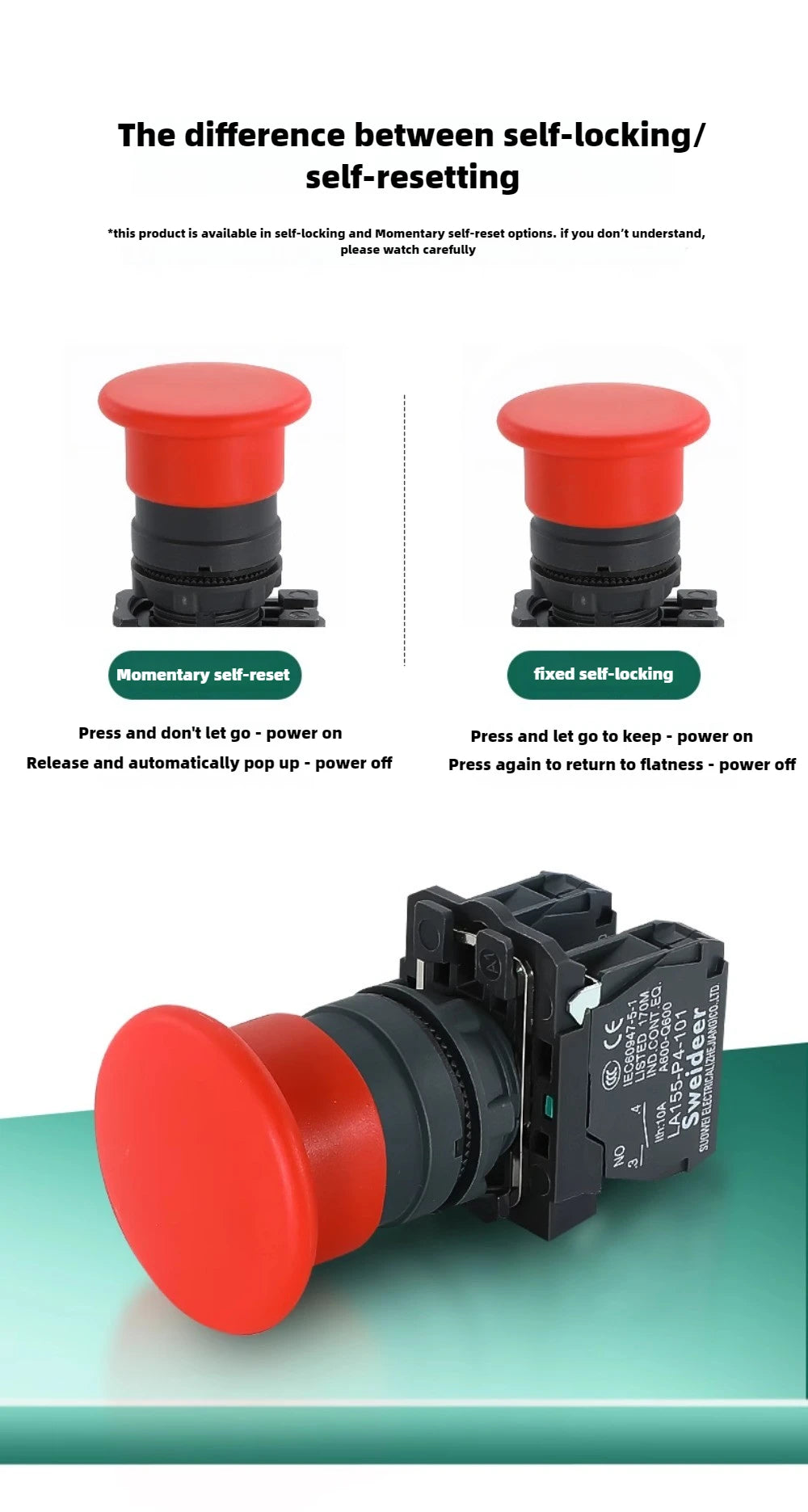 XB4 22mm Emergency Stop Button Switch Double Button Switch with Light Momentary Self Reset Mushroom Power Push Button Switch 10A