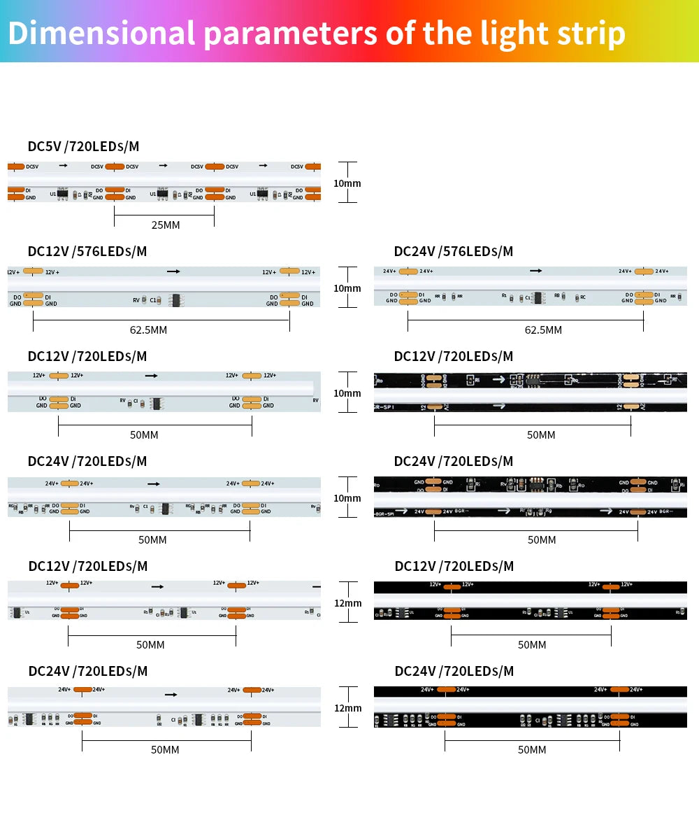 5V 12V 24V Smart SPI RGBIC LED COB Strip Light WS2811 Addressable Programmable Full Color Flexible Lights Bar White/Black PCB