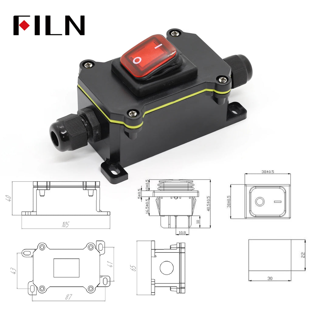 FILN 30A 12V 24V 220V Waterproof Inline Toggle Switch with LED IP65 Sealed Outdoor Box Inline Cord Rocker Switch Power