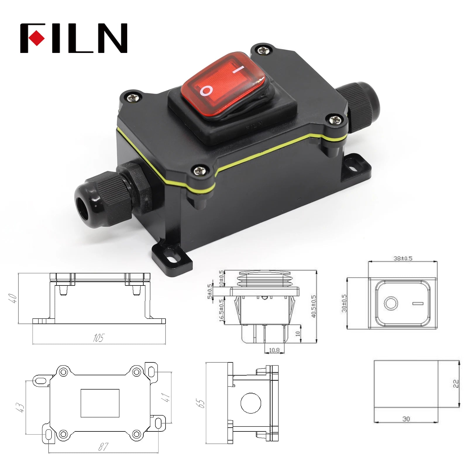 FILN 30A 12V 24V 220V Waterproof Inline Toggle Switch with LED IP65 Sealed Outdoor Box Inline Cord Rocker Switch Power