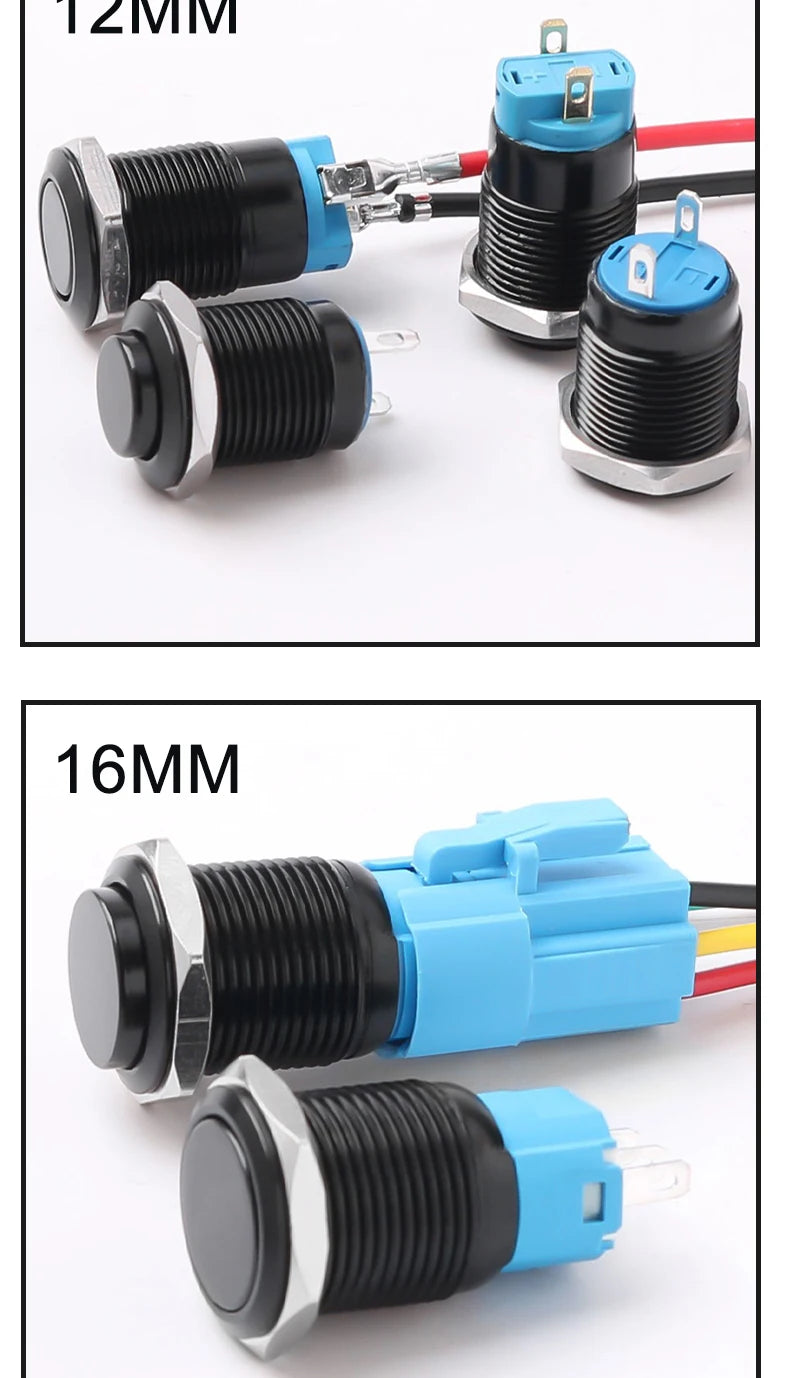 12/16/19/22MM Metal Button Switch No Lights Oxidized Black Momentary Reset Latching With Connector 12V 24V 220V