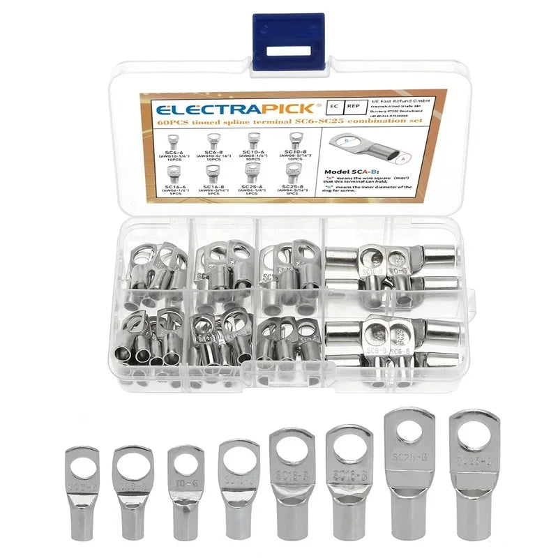 60/100/170pcs SC Bare Bolt Hole Tinned Copper Cable lugs Battery Terminal Wire Terminals Connector Suit SC10-6 SC16-8 SC25-8
