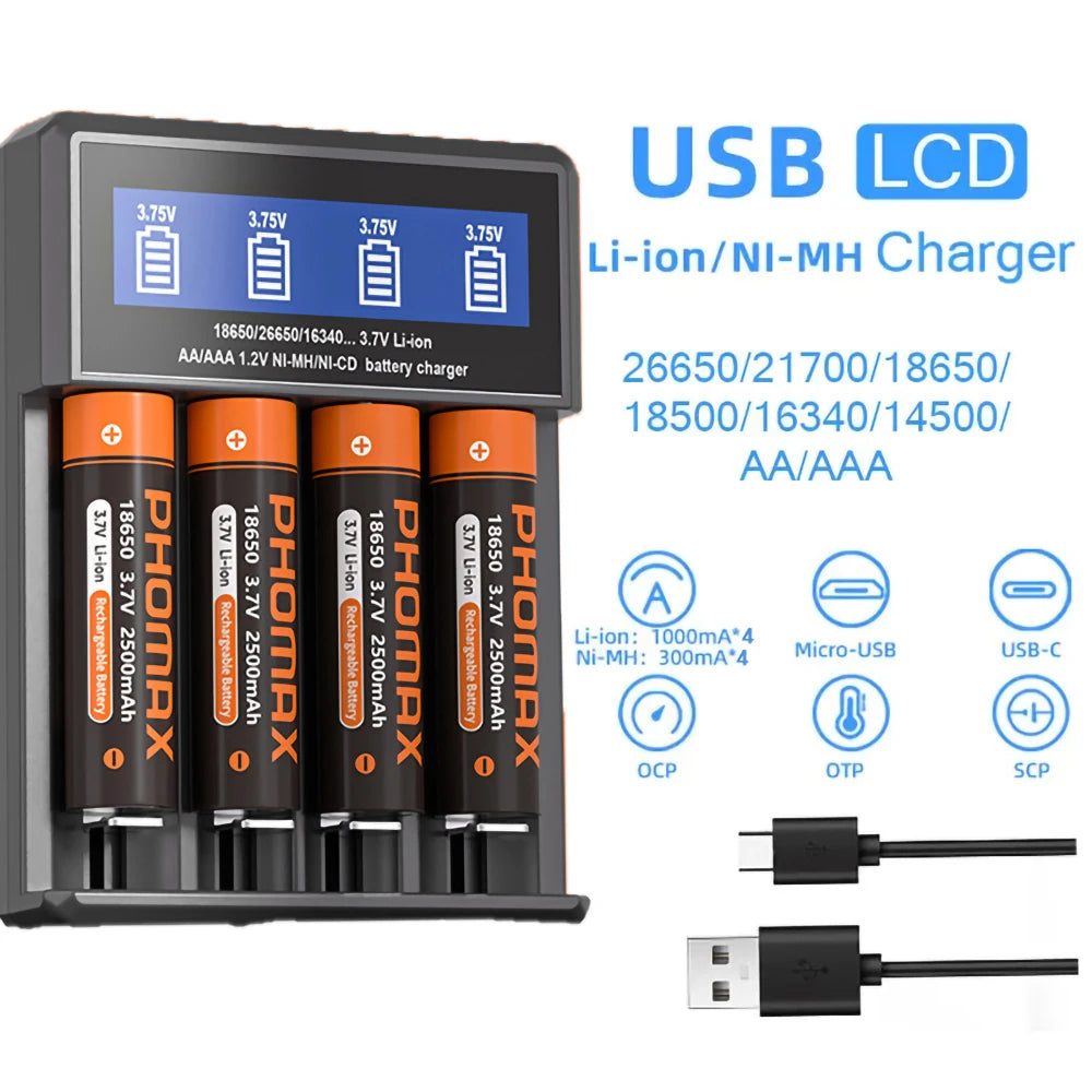 PHOMAX USB LCD Battery Smart Charger 2/4 Slots Dual For 18650 3.7V Rechargeable Lithium Battery For 1.2V NI-MH AA / AAA Battery