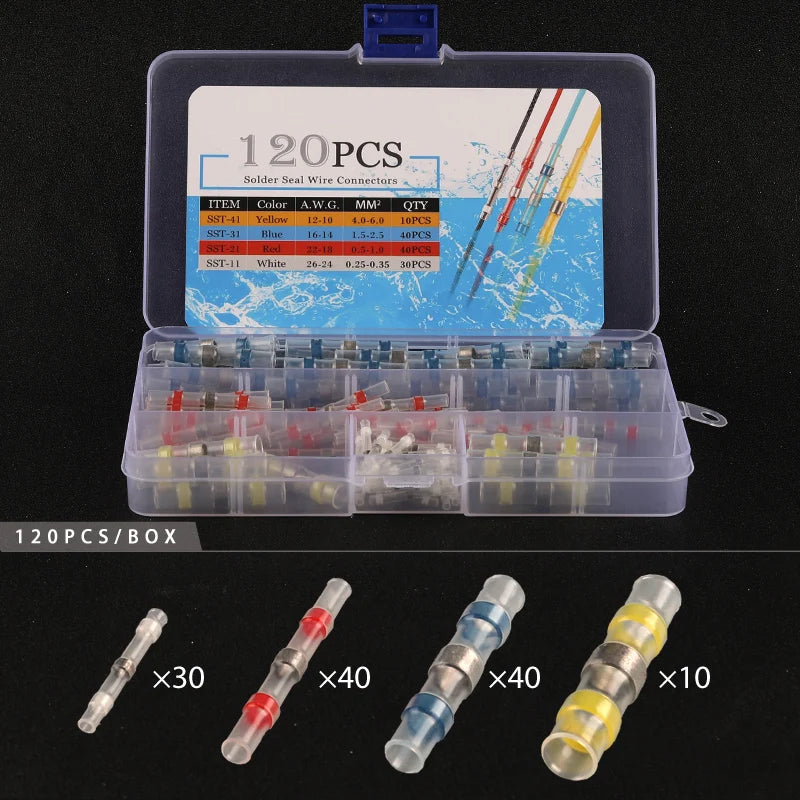50/100/120/150/250/400Pcs Boxed Heat Shrink Tin Butt Connectors Waterproof Solder Seal Sleeve Splice Terminals 26-10AWG 0.25-6mm