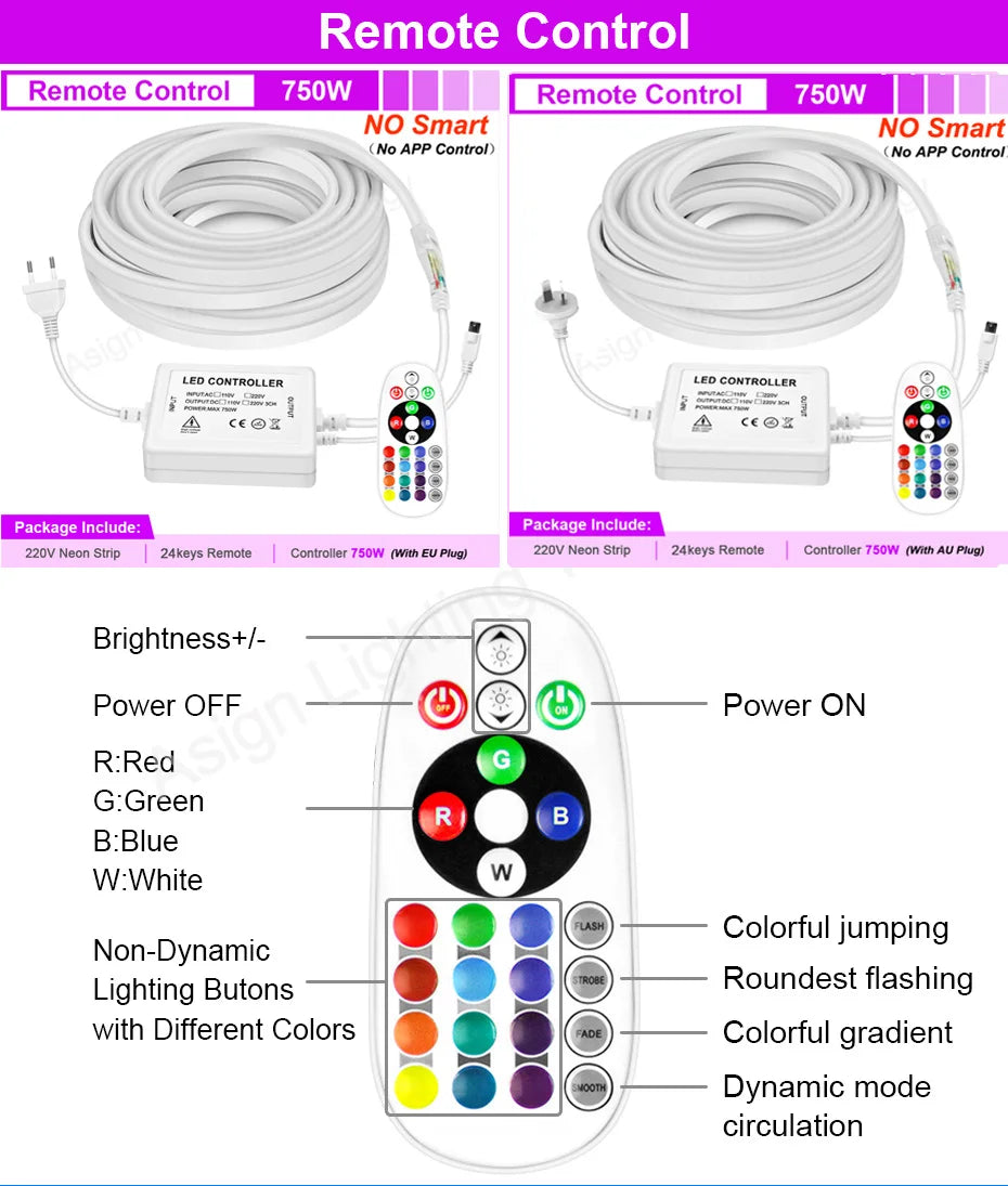 30M 20M 10M RGB LED Neon Strip Light 220V Decor Home Lighting Waterproof Flexible LED Ribbon Remote/Bluetooth/Tuya WiFi Control