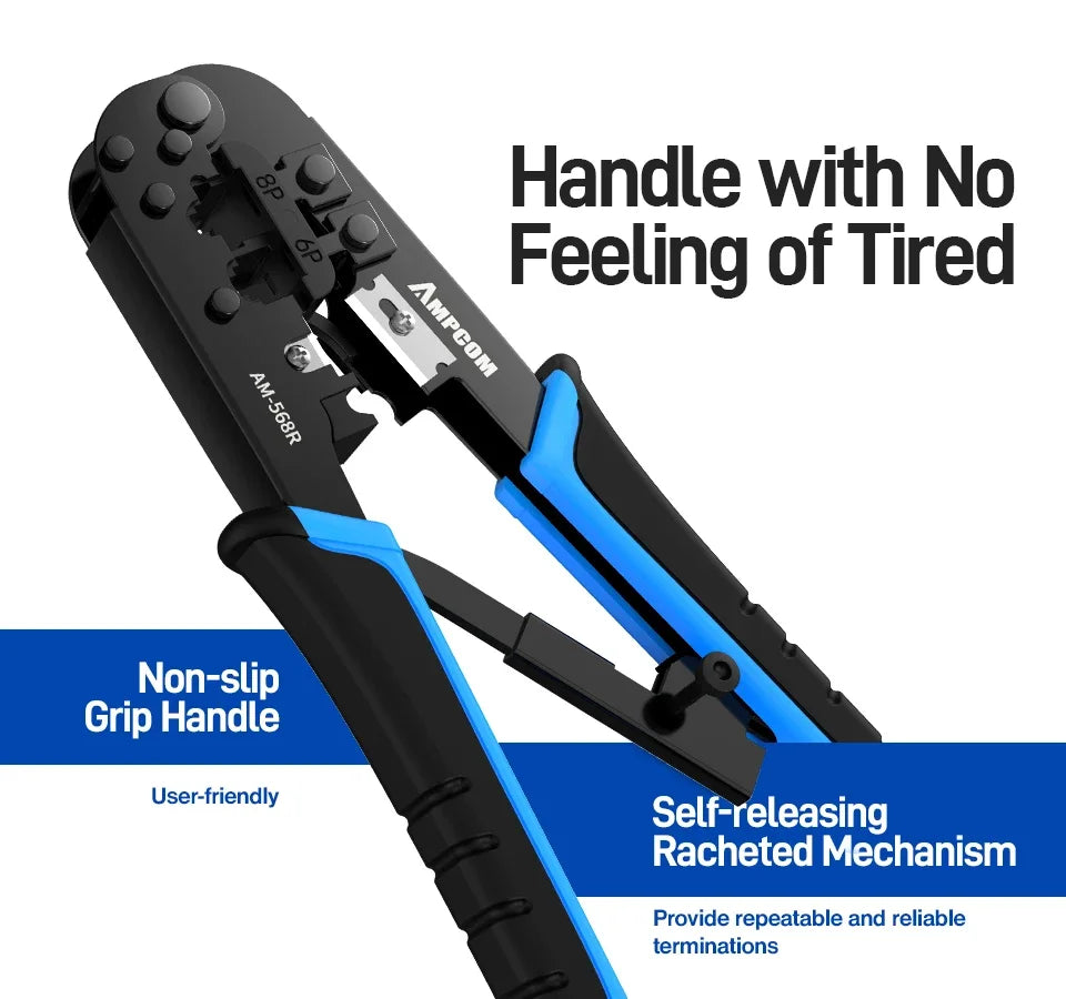 AMPCOM rj45 crimper RJ11 RJ45 Crimping Tool Ethernet Network LAN Cable Crimper Cutter Stripper Plier for 6P 8P RJ-11/RJ-12 RJ-45