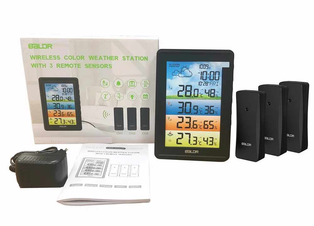 BALDR Wireless Large Screen Weather Station Digital Hygrometer Thermometer DCF Alarm Clock Calendar Barometer 3 Forecast Sensor