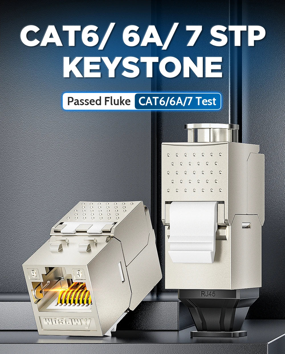 AMPCOM Pro+ Cat7/6A/6 Shielded Keystone Jack Zinc Alloy Toolless RJ45 Connector with 50u Gold Plated Pins for High-Speed Network