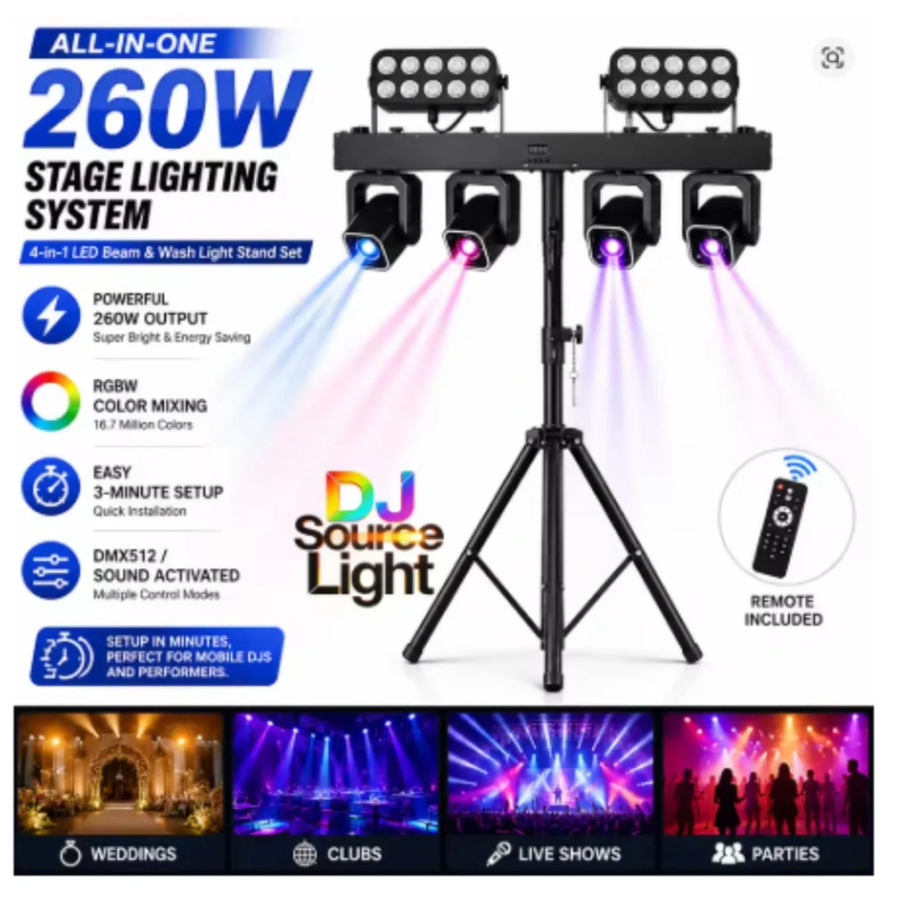 260W 4in1 RGBW LED Beam Wash Light Kit Set Tripod Stand Remote Control DMX512 For Disco DJ Wedding Party Club