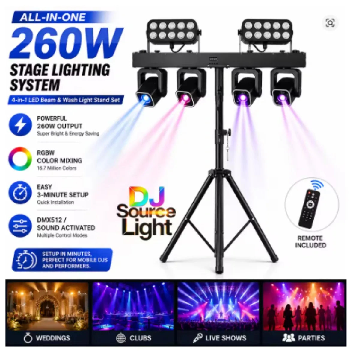 260W 4in1 RGBW LED Beam Wash Light Kit Set Tripod Stand Remote Control DMX512 For Disco DJ Wedding Party Club
