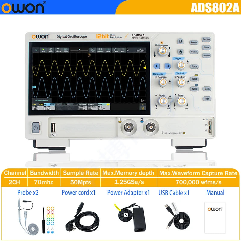 OWON ADS800A Portable Digital Oscilloscope 100MHz Bandwidth 1GSa/s 7" TFT-LCD Storage Multimeter Auto Measure USB/PC Connect