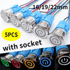 5PCS 16/19/22MM Waterproof Metal Push Button Switch LED Light Momentary Latching Car Engine Power Switch Socket 5V 12V 24V 220V