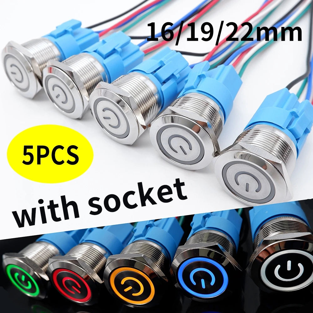 5PCS 16/19/22MM Waterproof Metal Push Button Switch LED Light Momentary Latching Car Engine Power Switch Socket 5V 12V 24V 220V