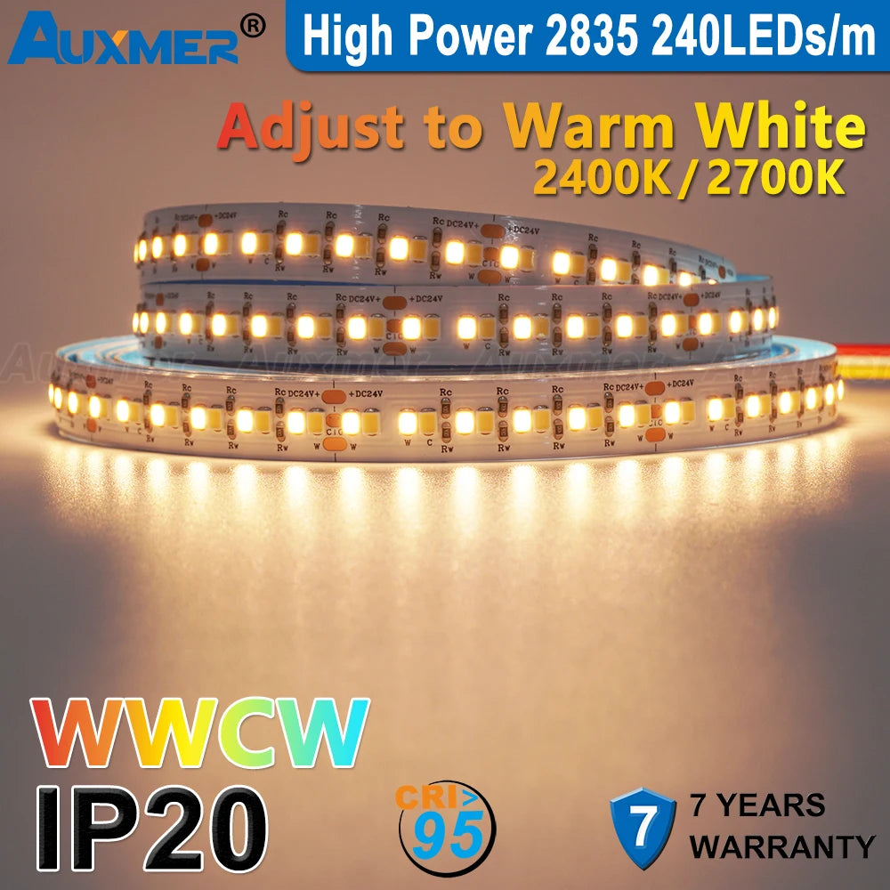 Auxmer 2835 WWCW LED Strip Lights,120LEDs/m 240LEDs/m,CRI＞95 Super Bright Flex LED DC12/24V,5m/reel,CCT 2400~6500K,IP20,3SDCM
