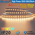 Auxmer 2835 WWCW LED Strip Lights,120LEDs/m 240LEDs/m,CRI＞95 Super Bright Flex LED DC12/24V,5m/reel,CCT 2400~6500K,IP20,3SDCM