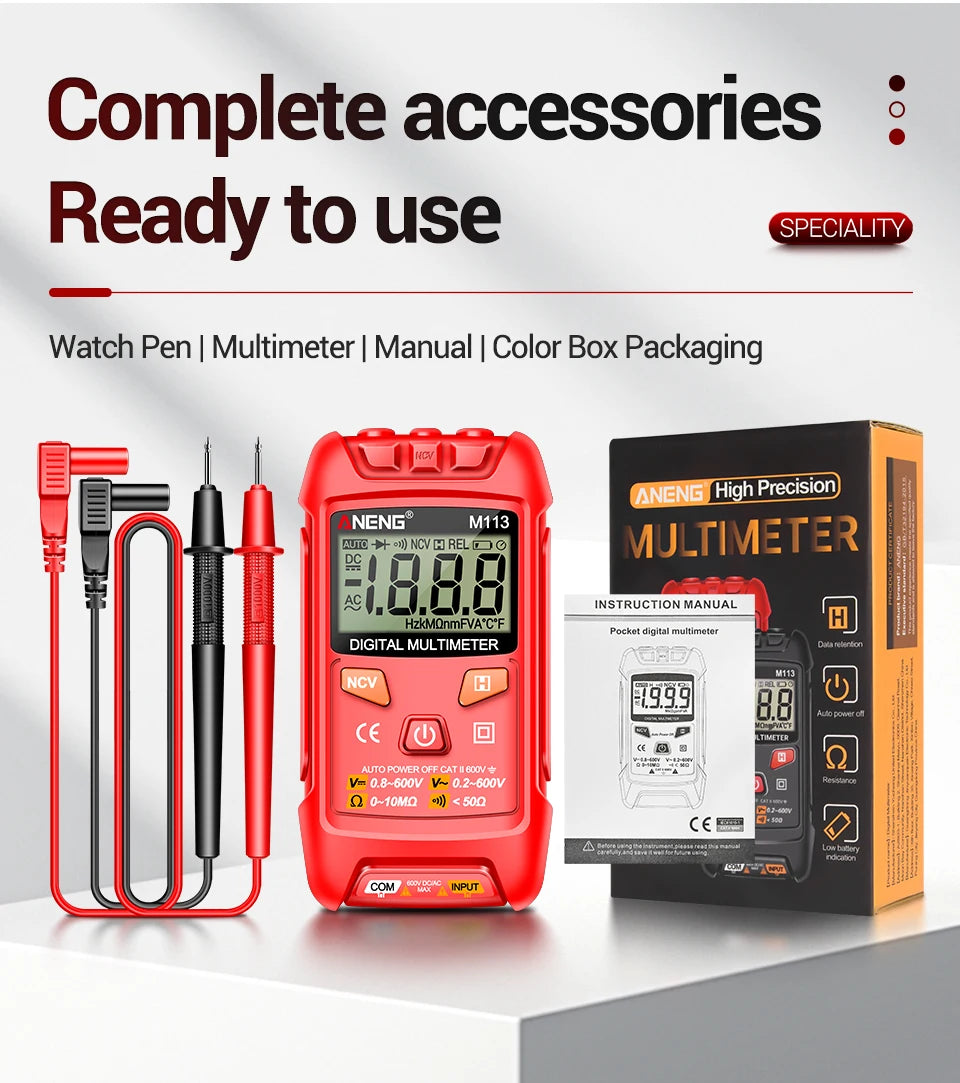 ANENG M113 Inteligent Multimeter 1999 Count Digital AC/DC Voltage Meter Ohm NCV Measuring Mini Instruments Electricity Test Tool