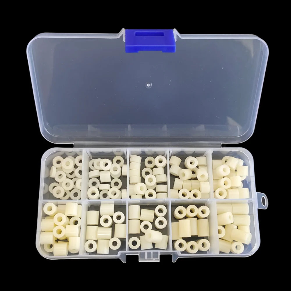 140pcs/box M3 Nylon Spacer Kit Black White ABS Plastic Non-Threaded Hollow Standoff Assortment OD7mm ID3.2mm Washer Set