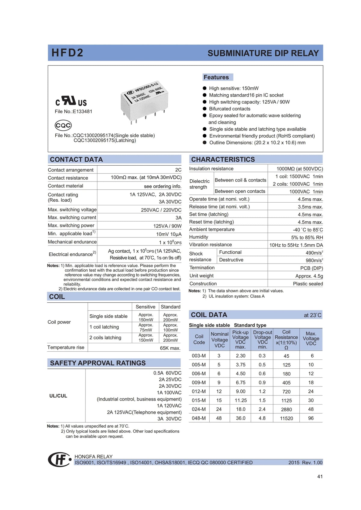5V Coil Bistable Latching Relay DPDT 30VDC 2A 1A 125VAC HFD2-005/012/024-S-L2-D HFD2-005/012/024-M-L2-D HFD2-005/012/024-M/S