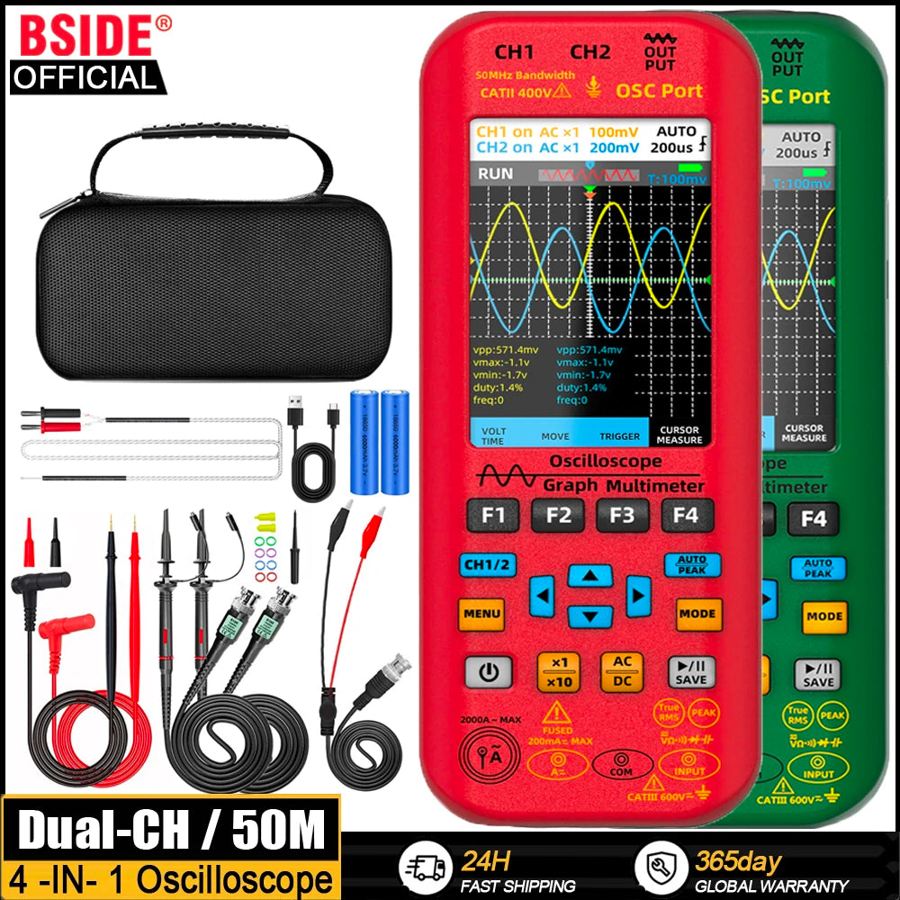 BSIDE 4-IN-1 Handheld Oscilloscope Digital Multimeter+Function Signal Generator Dual Channel O7:25MHz/O9:50MHz Current Tester