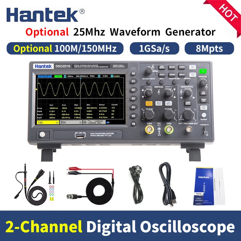 Hantek DSO2C10 DSO2C15 DSO2D10 DSO2D15 2CH Oscilloscope 100/150MHz 1GSa/s 8Mpts FFT UART I2C SPI CAN LIN 25MHz AWG D Models