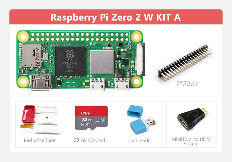 Raspberry Pi Zero 2W Optional Kit Zero 2W 3USB RJ45 Adapter board+32GB SD Card+Card reader+ Heat Sink+Case