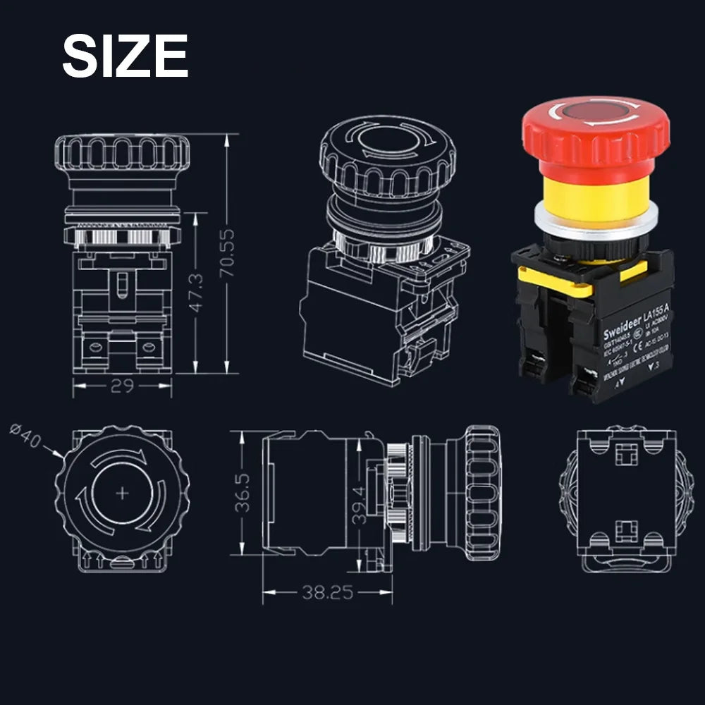 30mm Emergency Stop Button Switch with Light Mushroom Emergency Stop Power Switch Control Electrical Starter Switch 220V 10A NC
