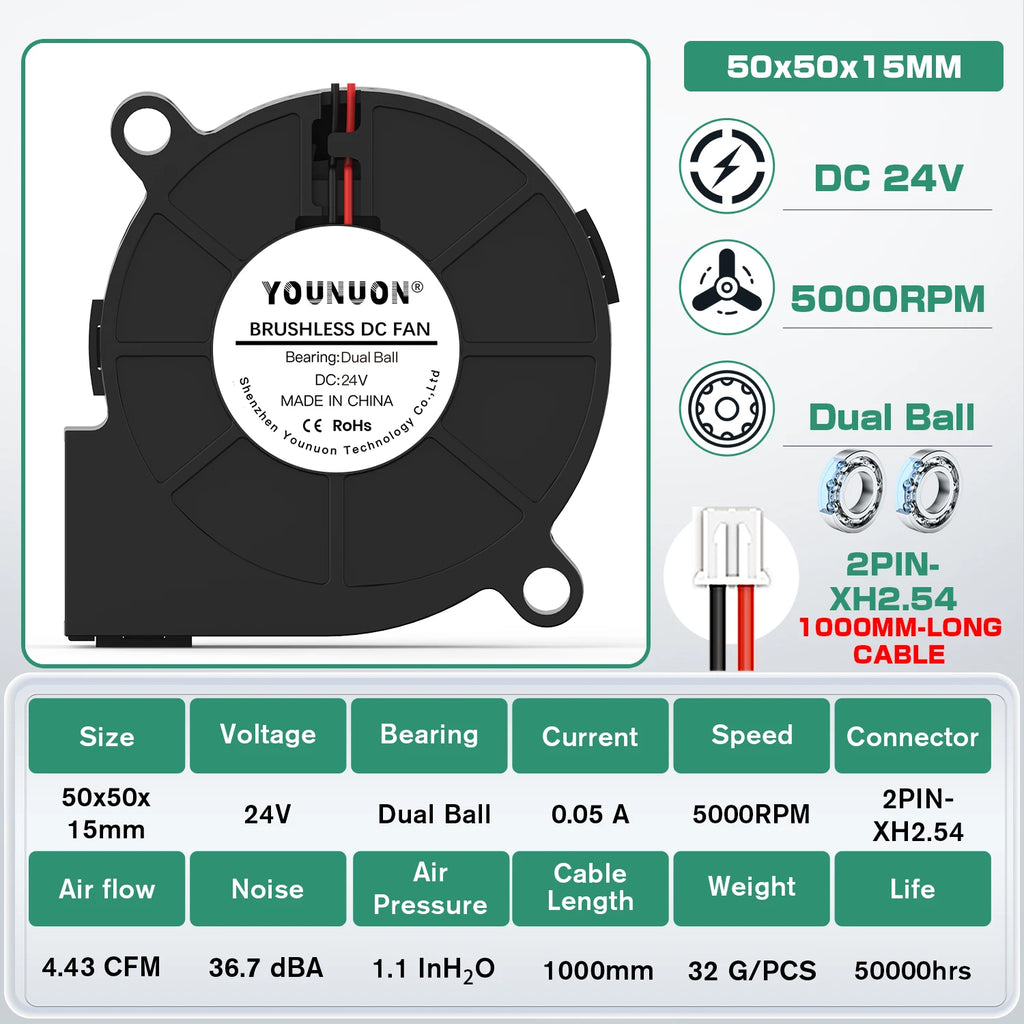 5015 5cm DC 5V 12V 24V 2Pin Dual Ball/Hydraulic Bearing Brushless Cooling Turbine Blower Fan 50mm x 15mm Blower Cooler Fan