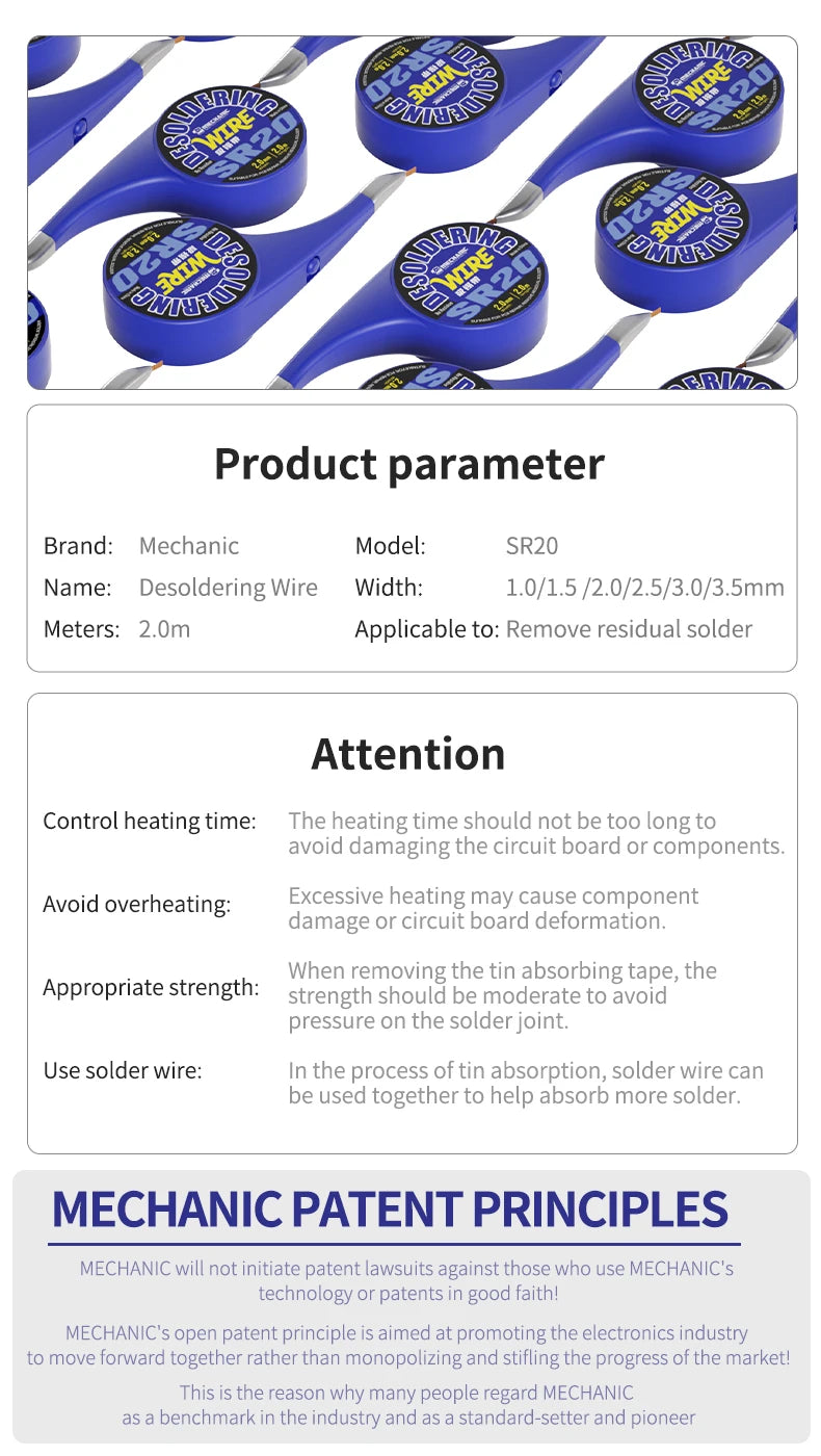 MECHANIC SR20 Desoldering Wire 1.0 2.0 3.5mm Width 2M Meters For Remove Residual Solder for Electronic Component Tin Absorption