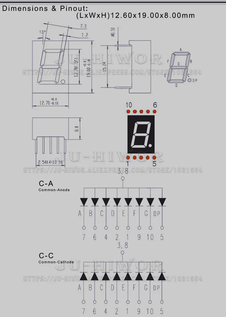 10pcs 0.56 Inch 10Pins 5161AB 5161BB 1 Bit Digit 7 Segment Blue LED Digital Display Digitron Common Anode Cathode C-C C-A
