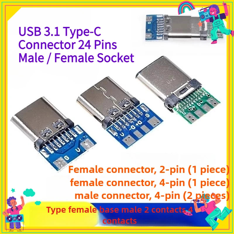 5PCS USB 3.1 Type-C Connector 24 Pins Male / Female Socket Receptacle Adapter To Solder Wire & Cable 24 Pins Support PCB Board